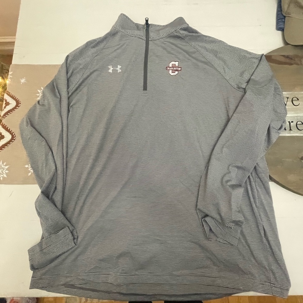 Under Armour Gray Striped Quarter-Zip Pullover. College of Charleston logo.